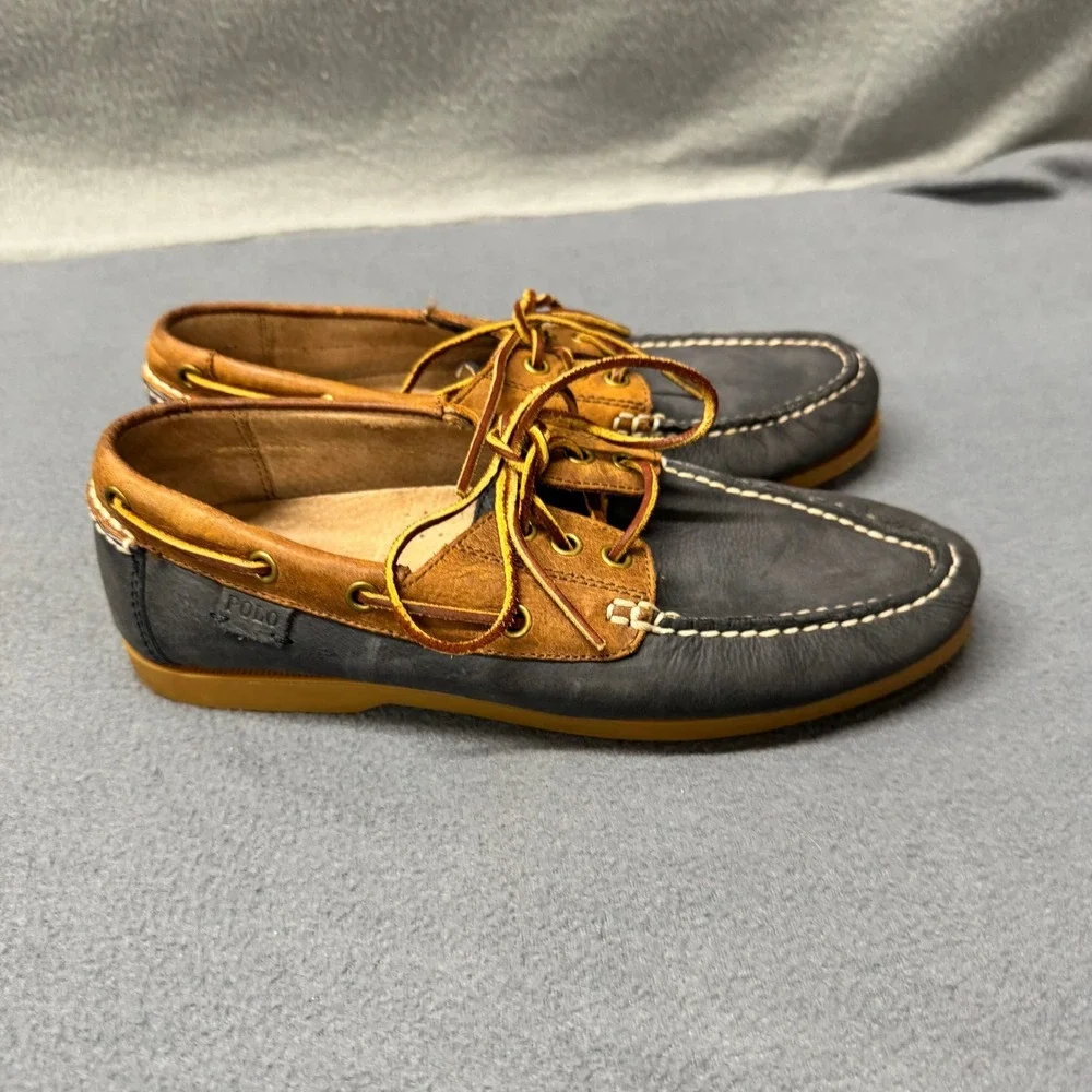 Polo Ralph Lauren Boat Shoes Mens 9 D Bienne II Navy Blue‎ Tan Leather Loafers